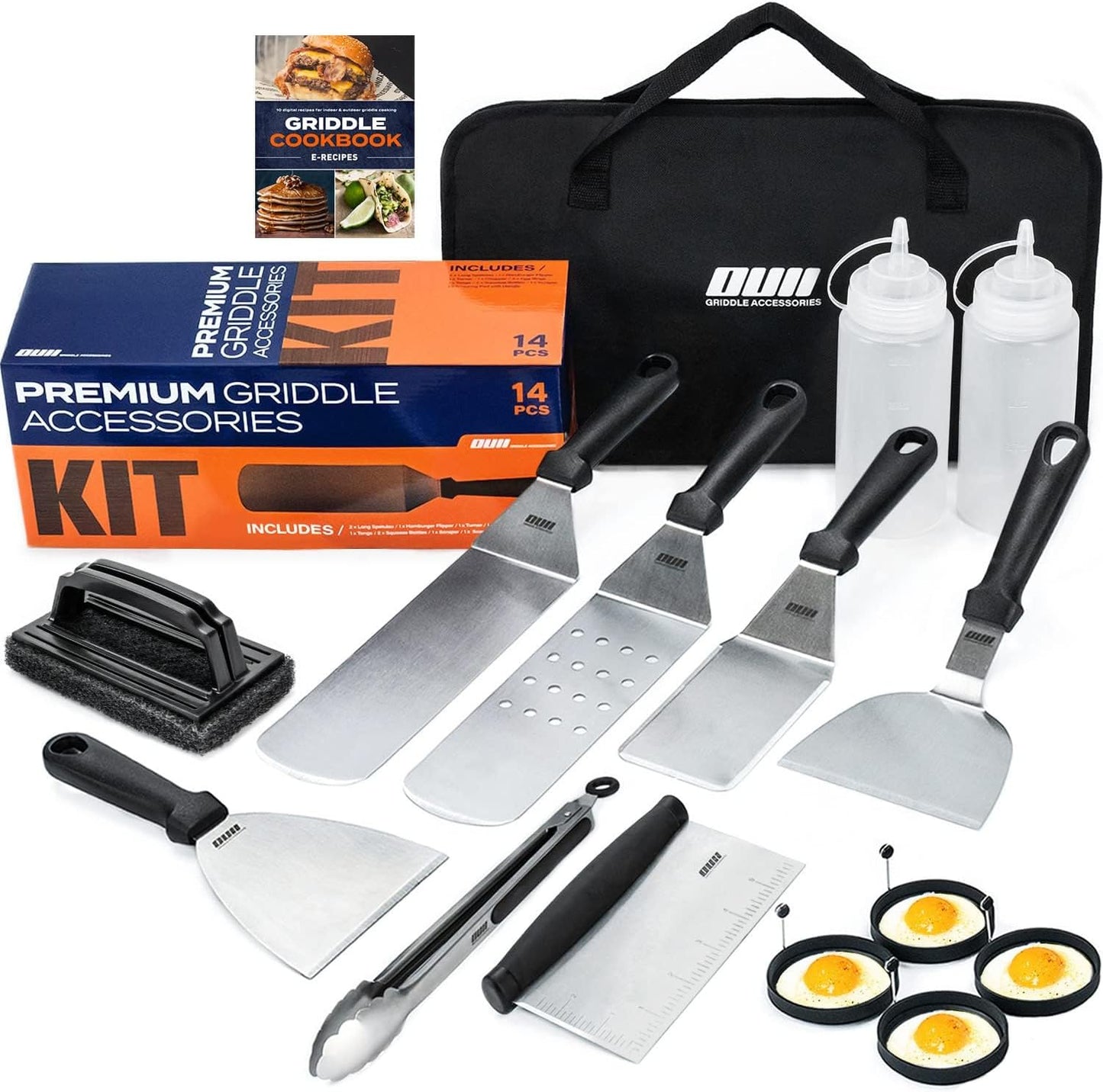 Flat Top Griddle Accessories Set for Blackstone and Camp Chef Griddle - 14 Pieces Set with Griddle Cleaning Kit & Carry Bag! Metal Spatula, Griddle Scraper, Egg Rings for Teppanyaki & Gas Grill