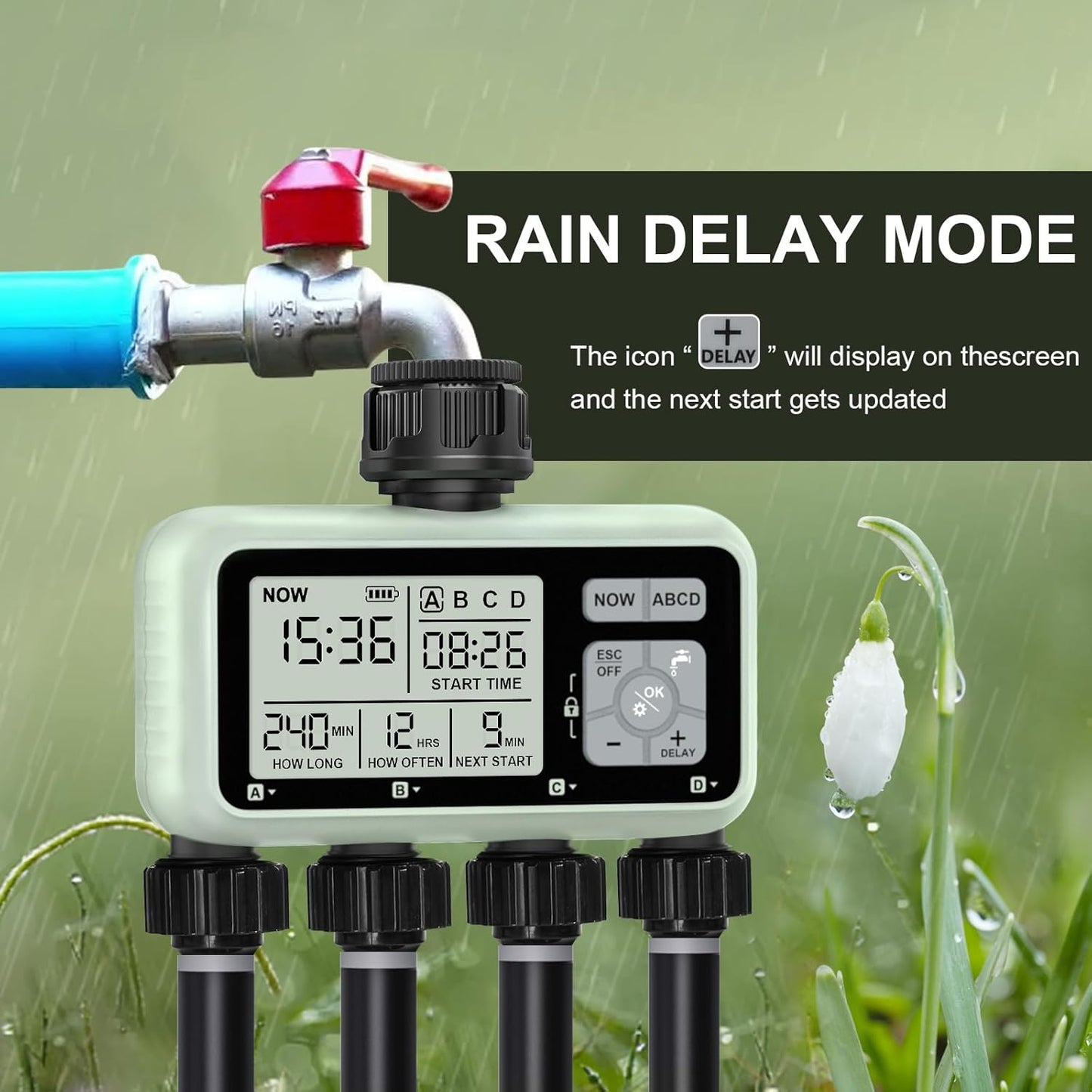 Watering Timer 4 Zone, Sprinkler Timer,Programmable Garden Outdoor Hose Faucet Timer with Rain Delay/Manual/Automatic Watering System,Water Hose Irrigation Timers 4 Outlet for Garden