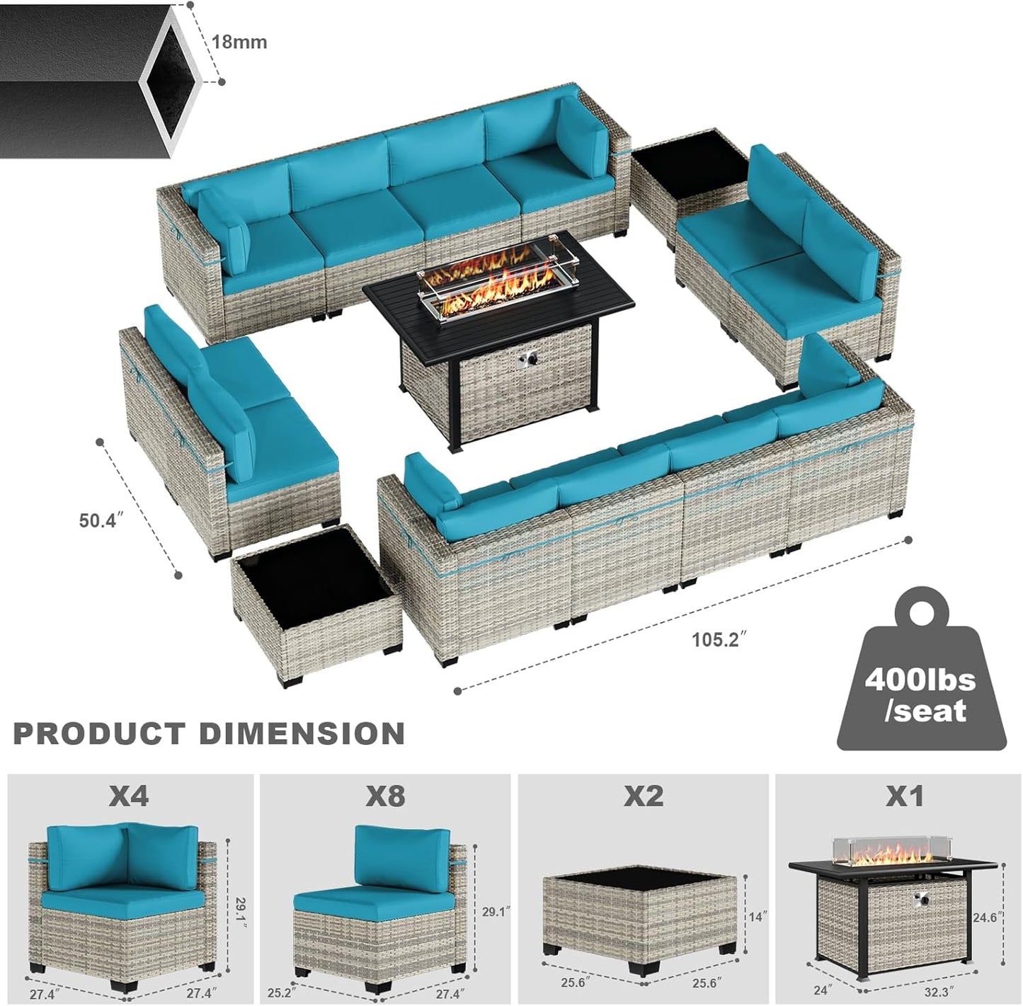 15-Piece Patio Furniture Set, Outdoor Patio Furniture with 55,000 BTU Fire Pit Table, Thick Cushions, Modular Patio Sofa, Dual-Strand Wicker Rattan, Rust-Resistant Frame, Lake Blue