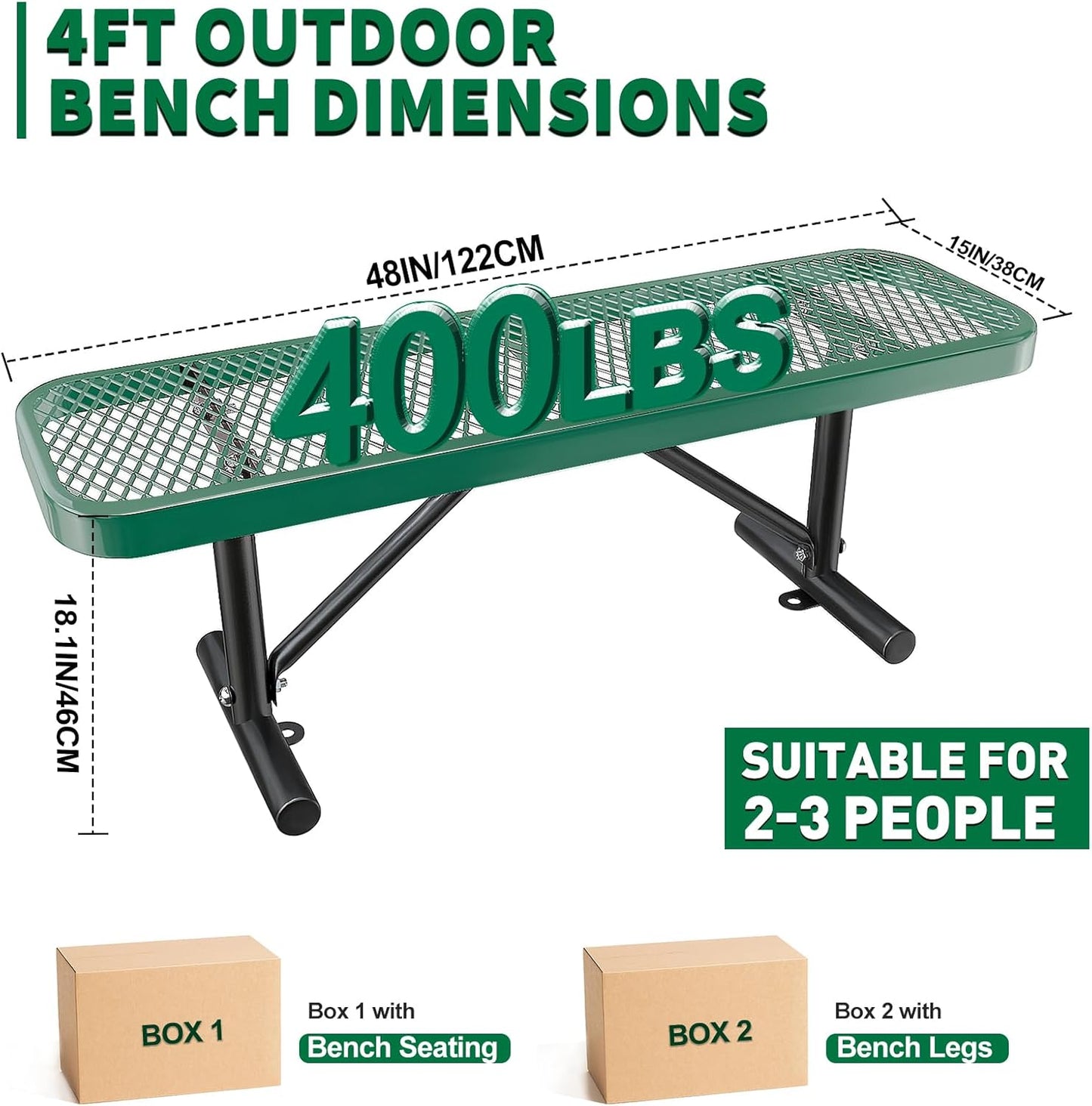 Thermoplastic Coated Iron Park Bench for Outside, Heavy Duty Metal Garden Bench, Expanded Commercial Grade Seating for Shopping Malls, Lawn Yard Porch Entryway (Green without Backrest, 48IN)