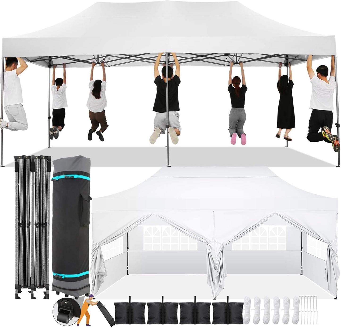 COBIZI 10x20 Pop Up Canopy with 6 Sidewall,Heavy Duty Canopy UPF 50+ All Season Wind Waterproof Commercial Outdoor Wedding Party Tents for Parties Canopy Gazebo with Roller Bag(10 x 20 ft White)
