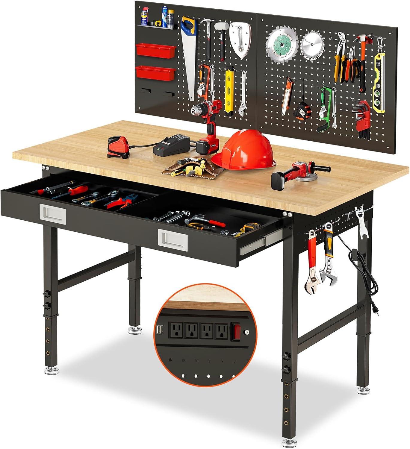 60" Workbench for Garage with Drawers Rubberwood Tabletop Work Table with Pegboard, Power Outlets Adjustable Height Work Bench for Office, Woodworking Shop, Home