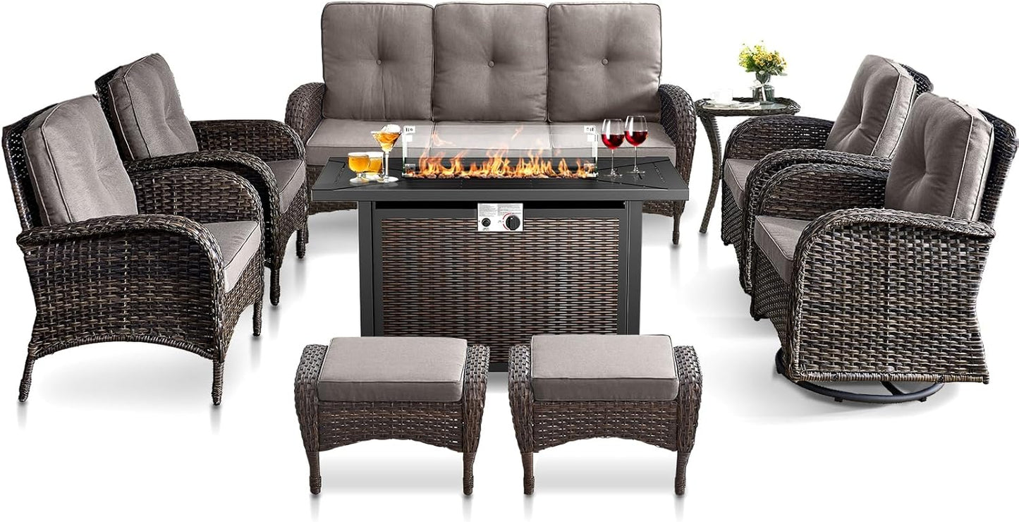 HUMMUH 9 Piece Patio Furniture Set with Fire Pit Table,Wicker Patio Swivel Rocker Outdoor Chairs 3-Seat Sofa with Ottomans for Backyard,Poolside,Deck