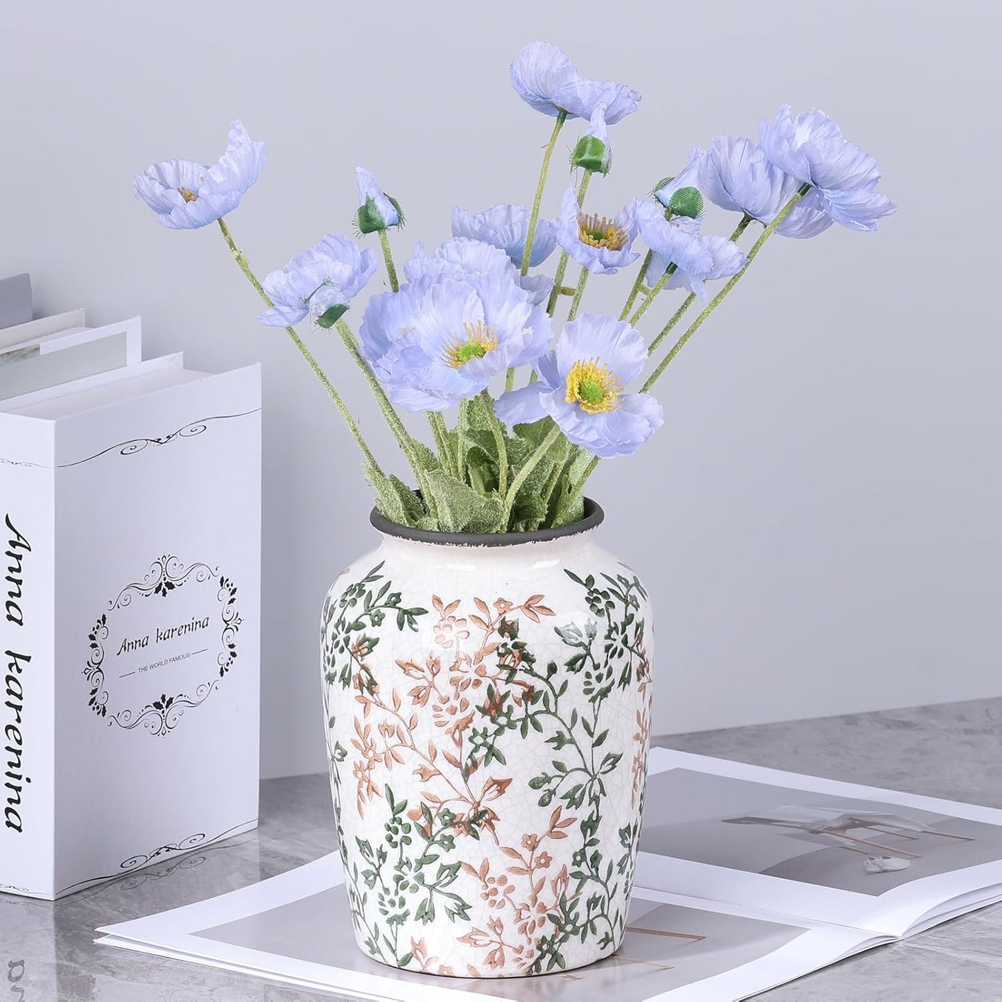 Vintage Vase for Flowers,Green Chinoiserie Ceramic Vase,Rustic Farmhouse Cracked Vases,for Flower Arrangement,Living Room, Office, Shelf, Fireplace Tables,Centerpieces,Chinoiserie Pottery Decor(D)