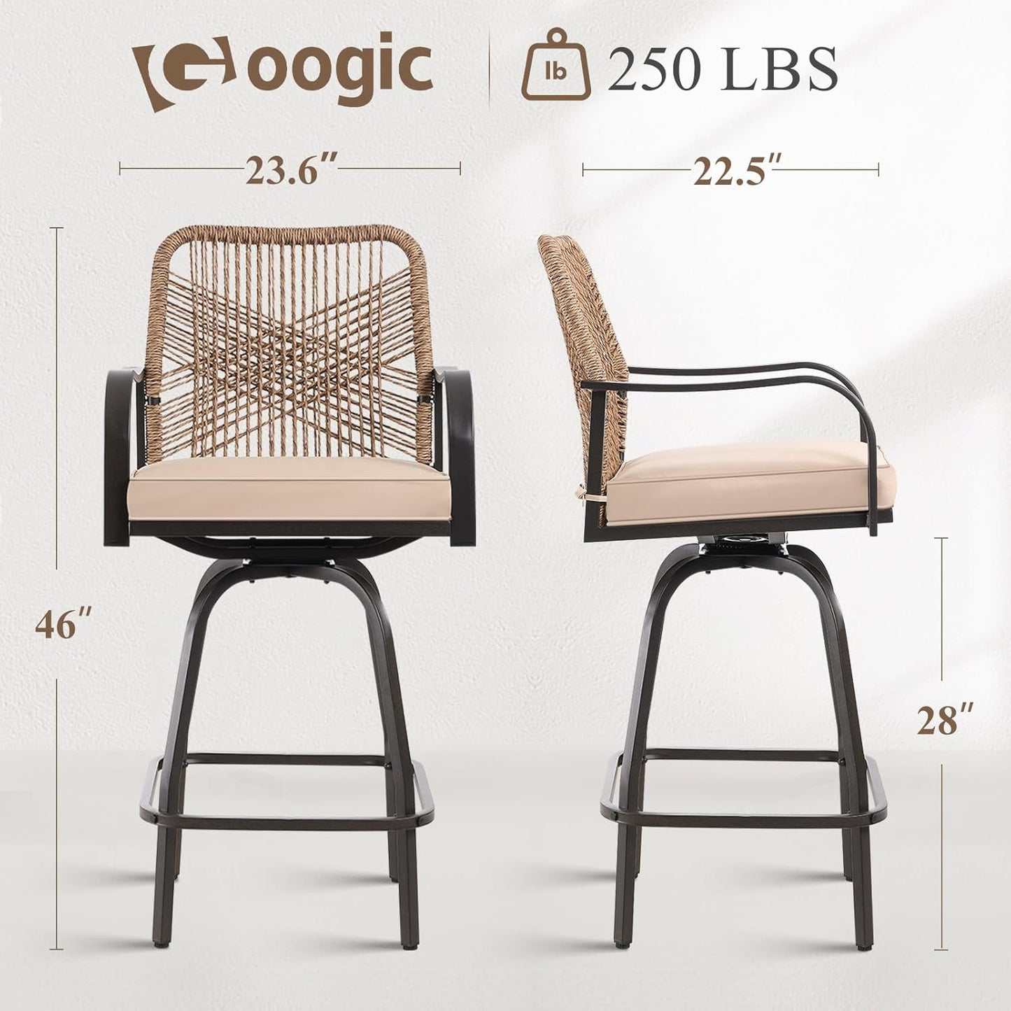 Outdoor Bar Stools Set of 2, Patio Swivel Counter Height Rattan Bar Stools, Patio Wicker Bar Swivel Chairs with Cushion, Outdoor Pool Bar Chairs for Backyard Garden Balcony w /360 Rotation