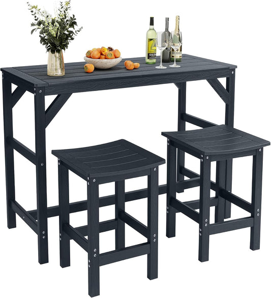 3Pcs HIPS Outdoor Patio Bar Set, All Weather HIPS Bar Table and Chairs Set for Outside, 55" Rectangular High Top Bar Table with 2 Bar Stools for Poolside, Patio, Balcony, Deck, Black