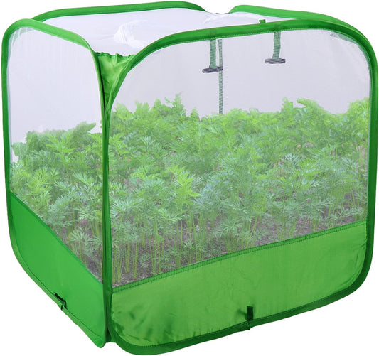 Mesh Plant Cover for Outdoor, Plant Netting Protector Garden Cover Cloche for Fruit, Vegetables, Strawberry, Flowers and Herbs Pop-Up Cage with 4 Stakes (White with Green, 19.7" x 19.7" x 19.7")