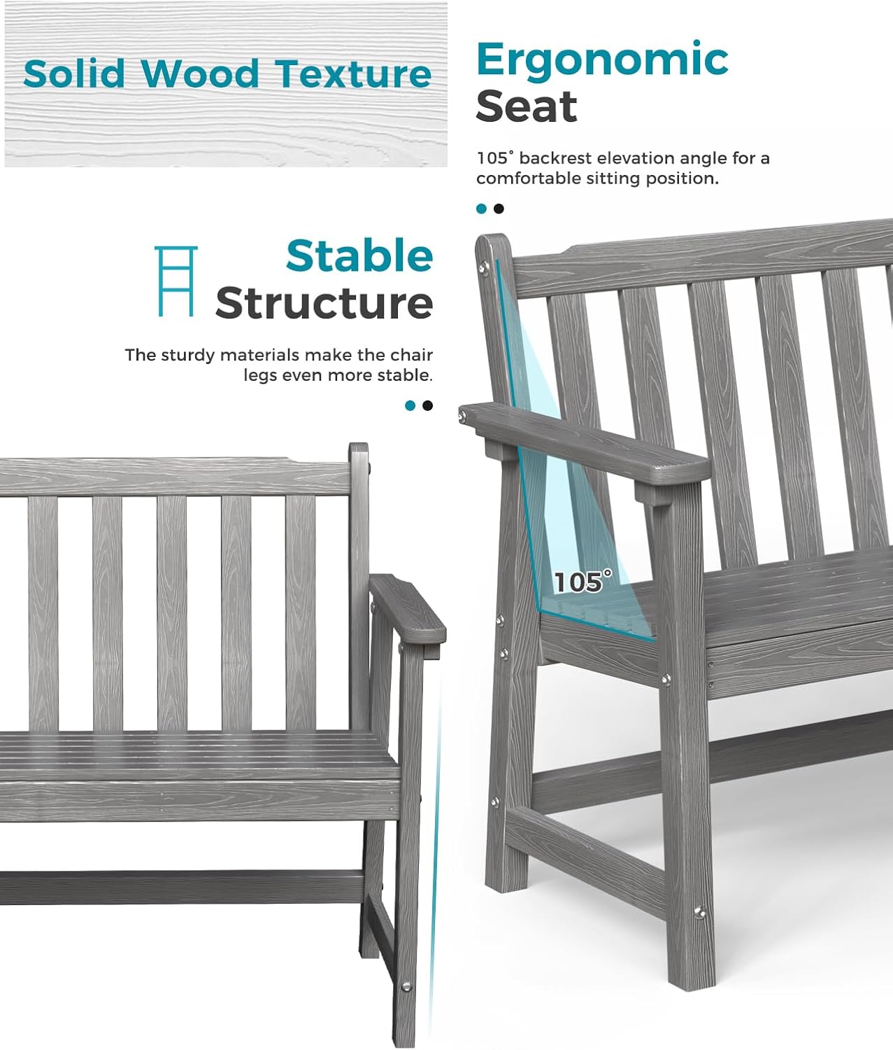 Outdoor Bench, 2-Person HDPE Garden Bench, All Weather Poly Patio Bench for Outdoors, Garden, Backyard, Porch and Park, 550 lbs Weight Capacity, Grey