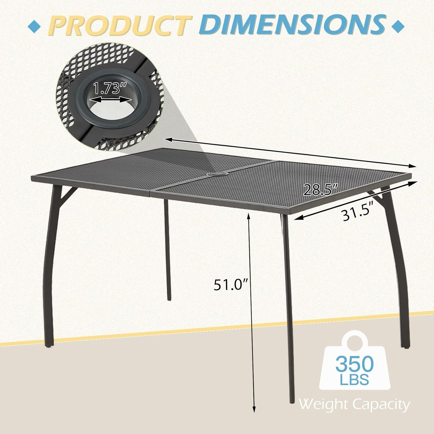AECOJOY Outdoor Patio Dinning Table for 6, 51"x31" Rectangular Metal Steel Patio Outdoors Tables with 1.73" Umbrella Hole All Weather-Resistant for Lawn Backyard Garden, Porch Dark Grey