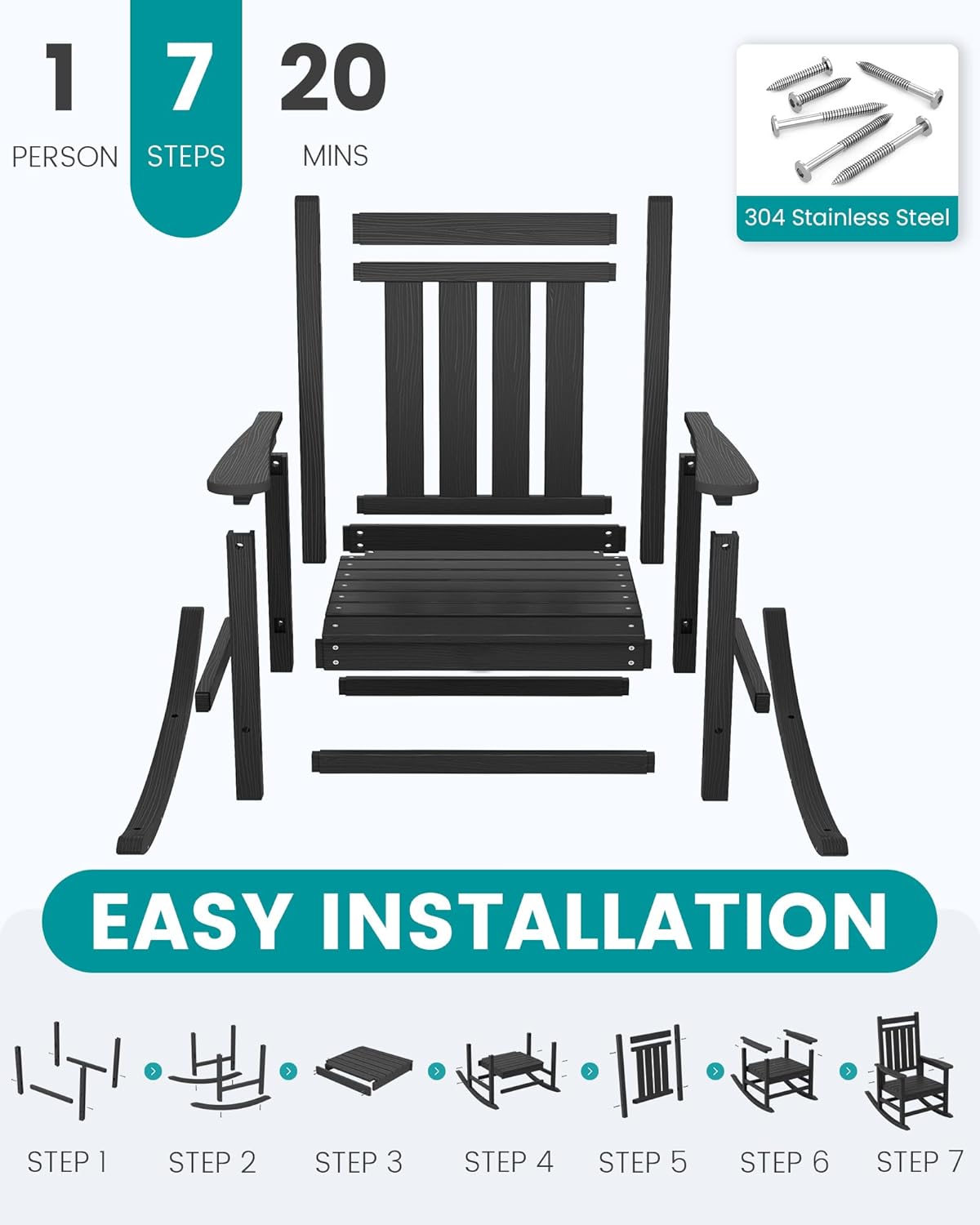 SEWALL HDPE Rocking Chair, Oversized Outdoor Rocking Chair for Adults, Patio Rocker for Porch, Black