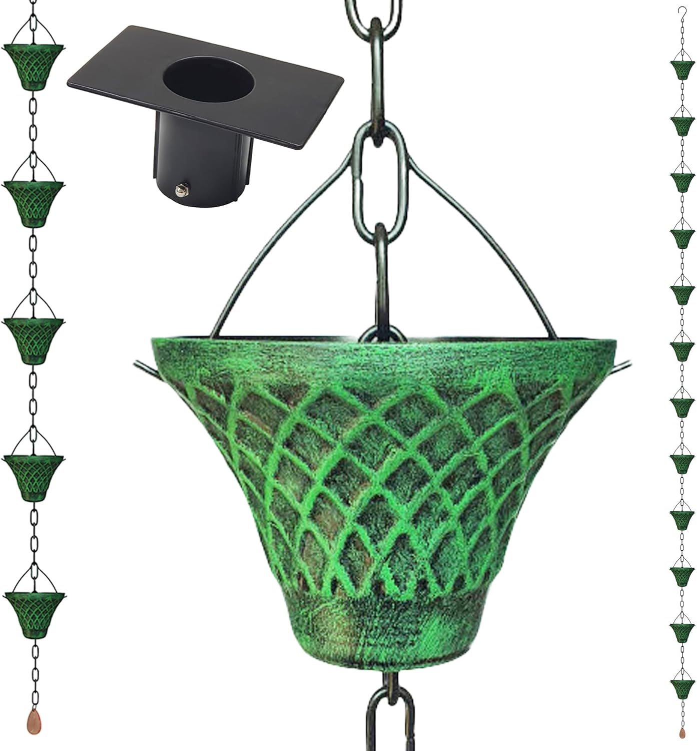 8.5FT Bell Iron Rain Chains for Gutter and Rain Barrel, Rust-Resistant Plated Garden Décor for Downspout, Bonus Rain Chain Gutter Adapter (Antique-Green)
