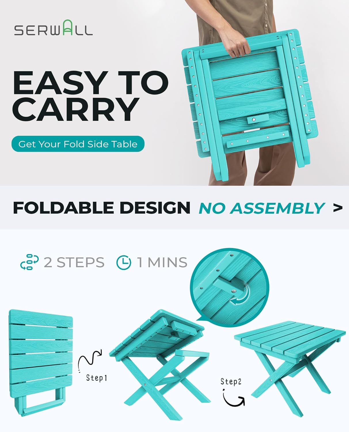 SERWALL Adirondack Side Table, No Assembly Outdoor End Table, HDPE Small Folding Table for Backyard Pool Porch, Aruba