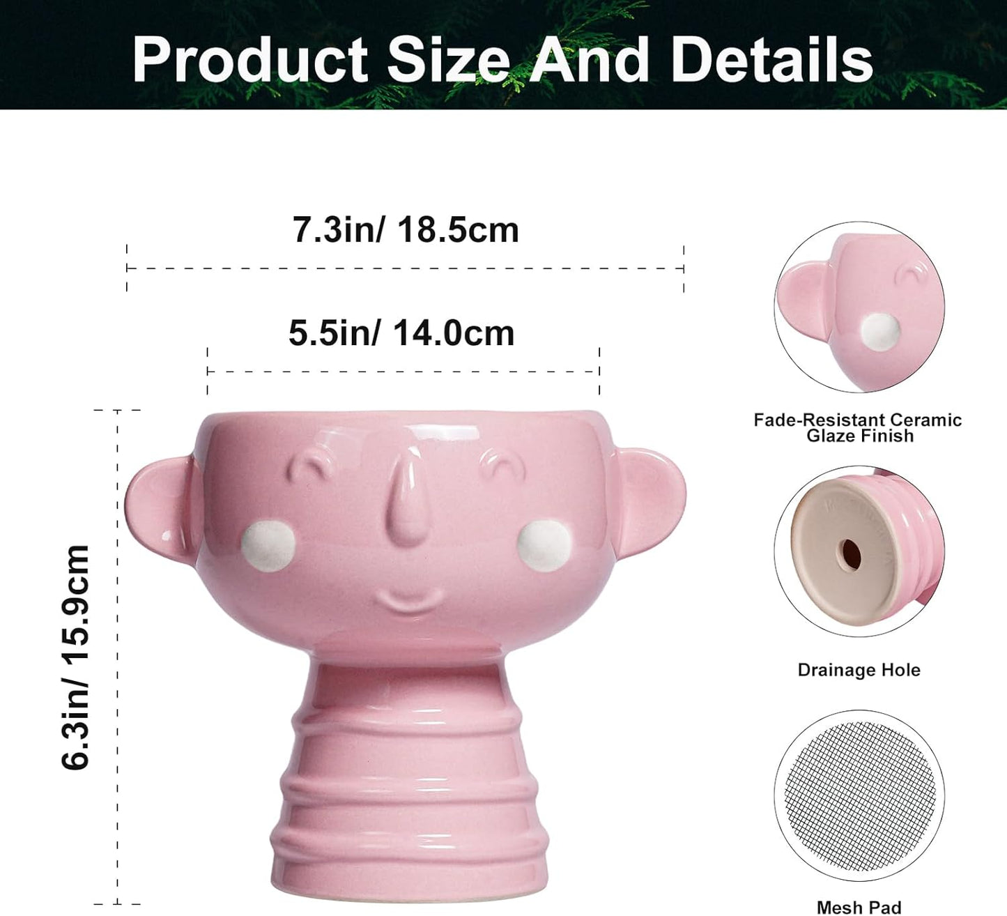 Smiley Face Planter - 7 Inch Ceramic Head Planter for Indoor Outdoor Plants, Cute Succulent Pots with Drainage Hole, Decorative Flower Pots, Home Room Desk Decor, Birthday Gifts, Bright Pink