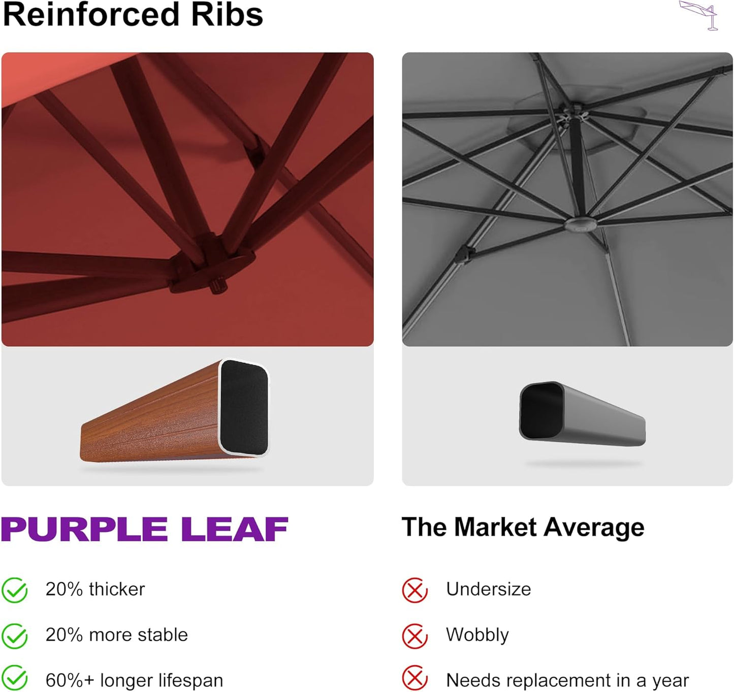 PURPLE LEAF 9' X 12' Double Top Deluxe Wood Pattern Rectangle Patio Umbrella Offset Hanging Umbrella Outdoor Market Umbrella Garden Umbrella, Brick Red