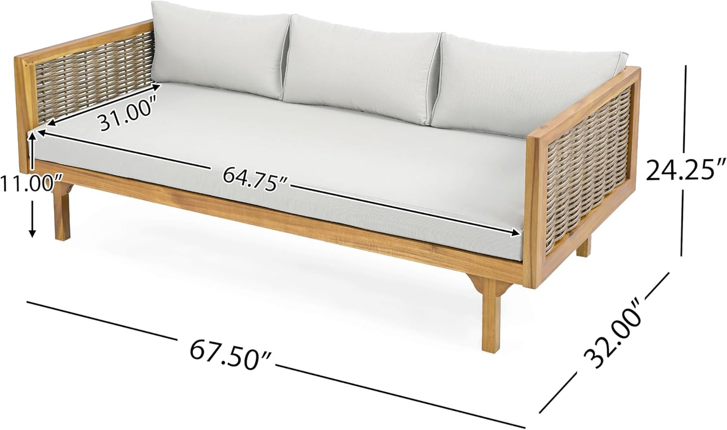 Christopher Knight Home Outdoor 3 Seater Acacia Wood Daybed with Fabric Water Resistant and Removable Cushions, Patio Garden Sofa with Wicker Armrest and Slat Paneling Back, Teak and Light Grey