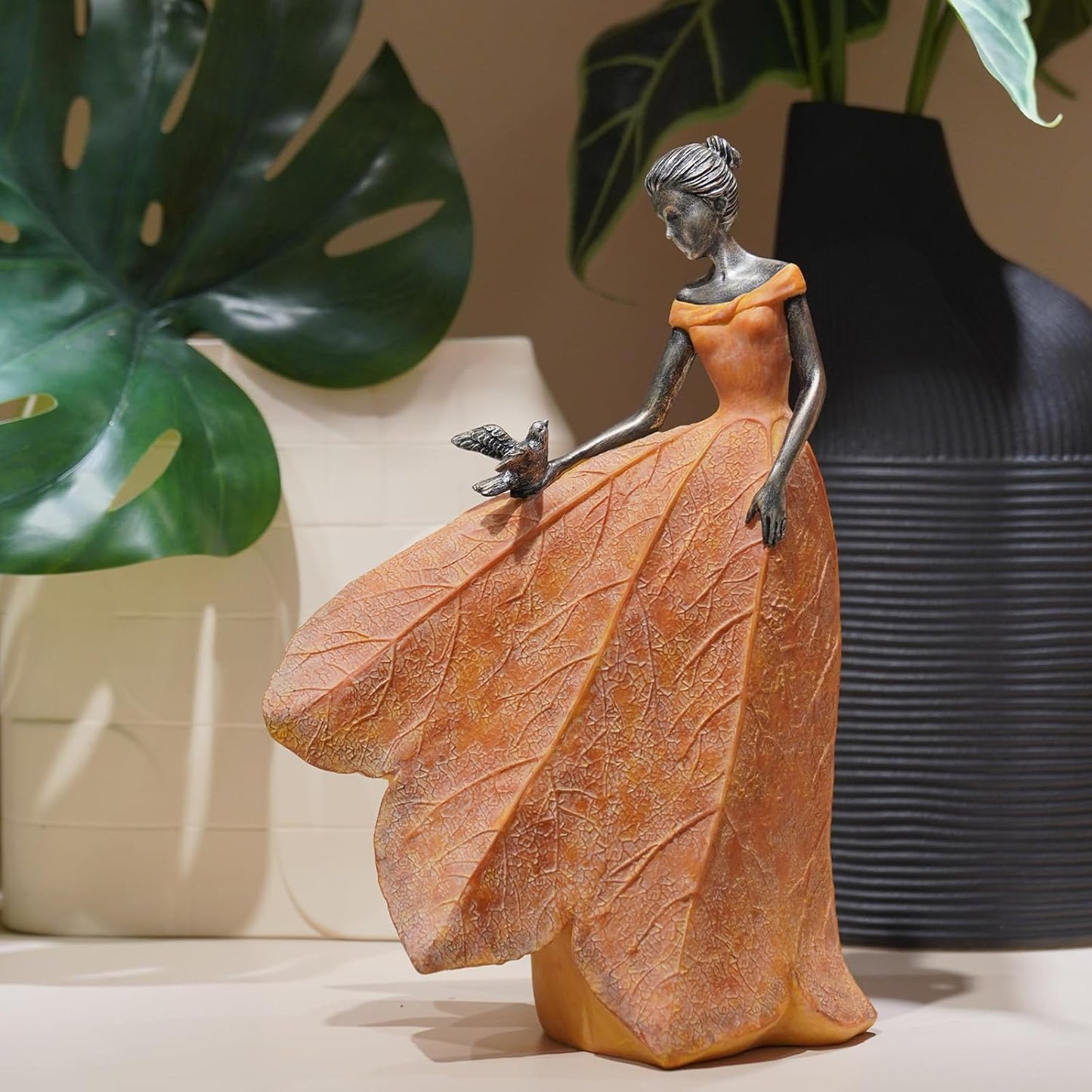 Guichifun Fairy Statue Collection Home Decoration - Orange Leaf Angel Girls Resin Fall Decor for Outside or Inside Rustic Garden Outdoor Yard Decorations Figurines Gift 8.5 x 5.25 x 12 Inch