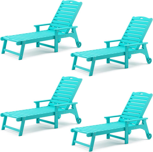 LUE BONA Outdoor Chaise Lounge Chairs Set of 4, HDPS Chaise Lounger, 5 Positions Adjustable Lounge Chairs, Pool Lounge Chair with Wheels for Poolside, 3 Year Warranty, Aruba Blue