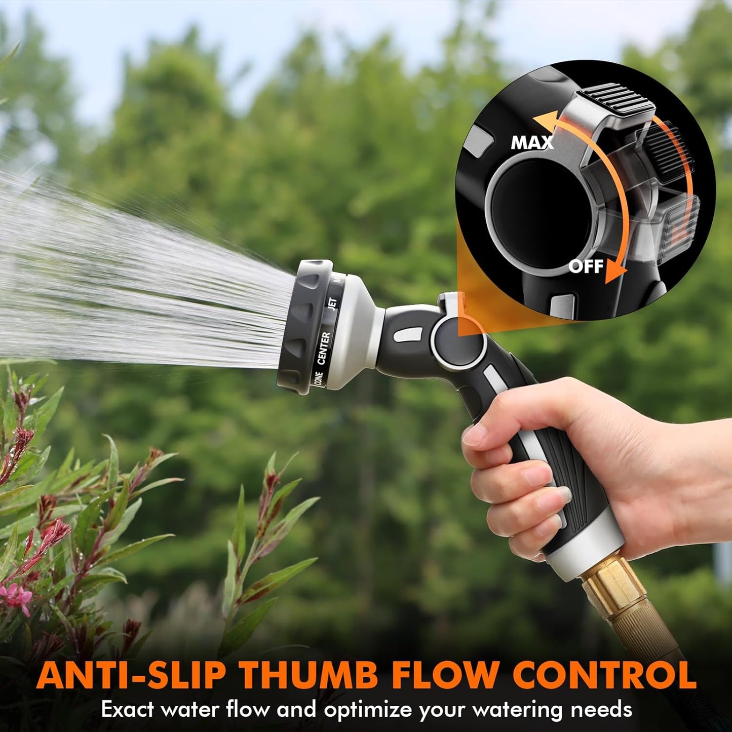 RESTMO Water Hose Nozzle, Metal Garden Hose Sprayer, Heavy Duty | 9 Spray Patterns | High Pressure | Thumb Flow Control, Ideal for Outdoor Lawn & Plant Watering, Car & Pet Washing, Silver