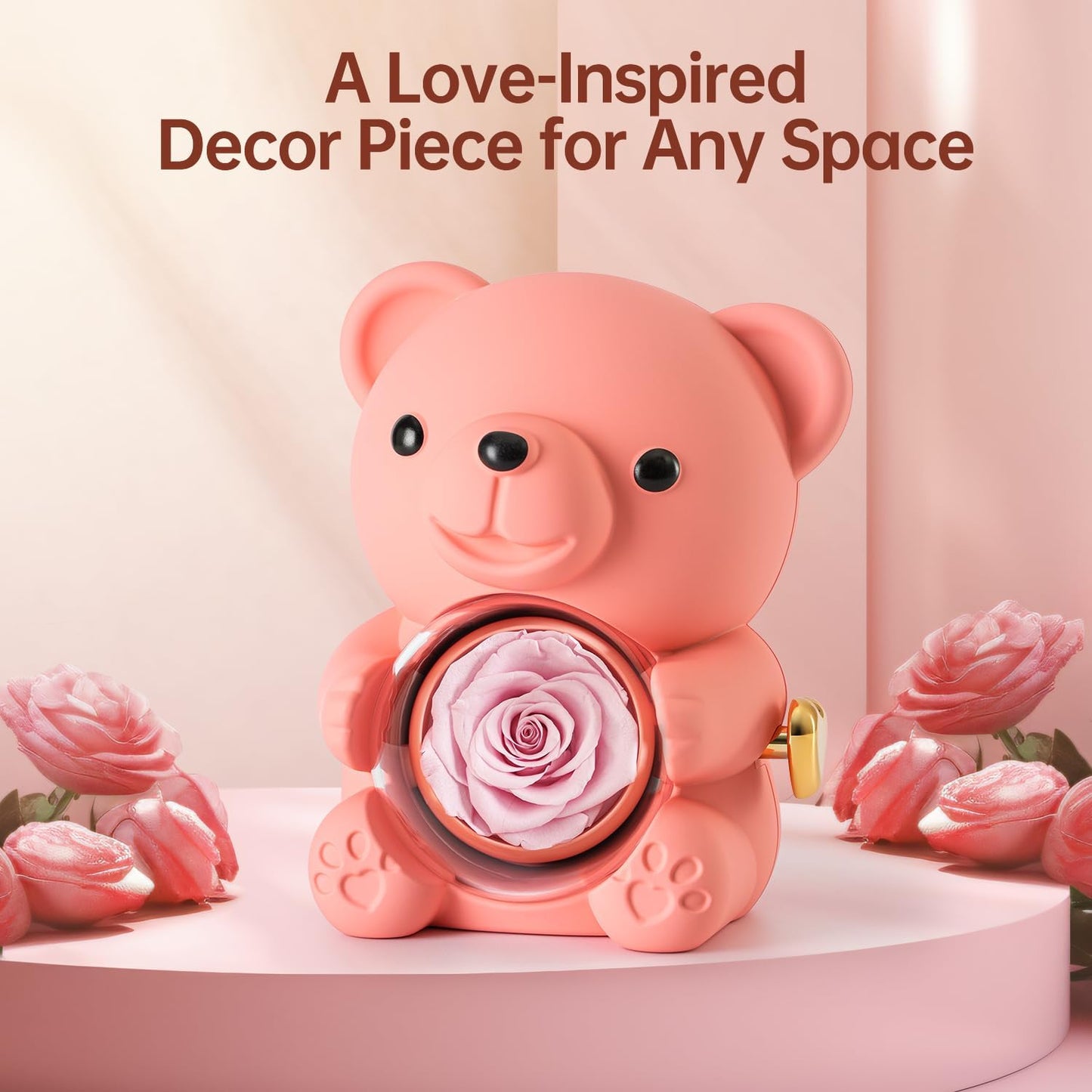 Cute Teddy Bear with Preserved Rose - A Real Rose Flower in Bear with Elegant Gift Box - Romantic Gift for Her in Mother's Day, Weddings, Anniversaries, and Bridal Showers (Pink)