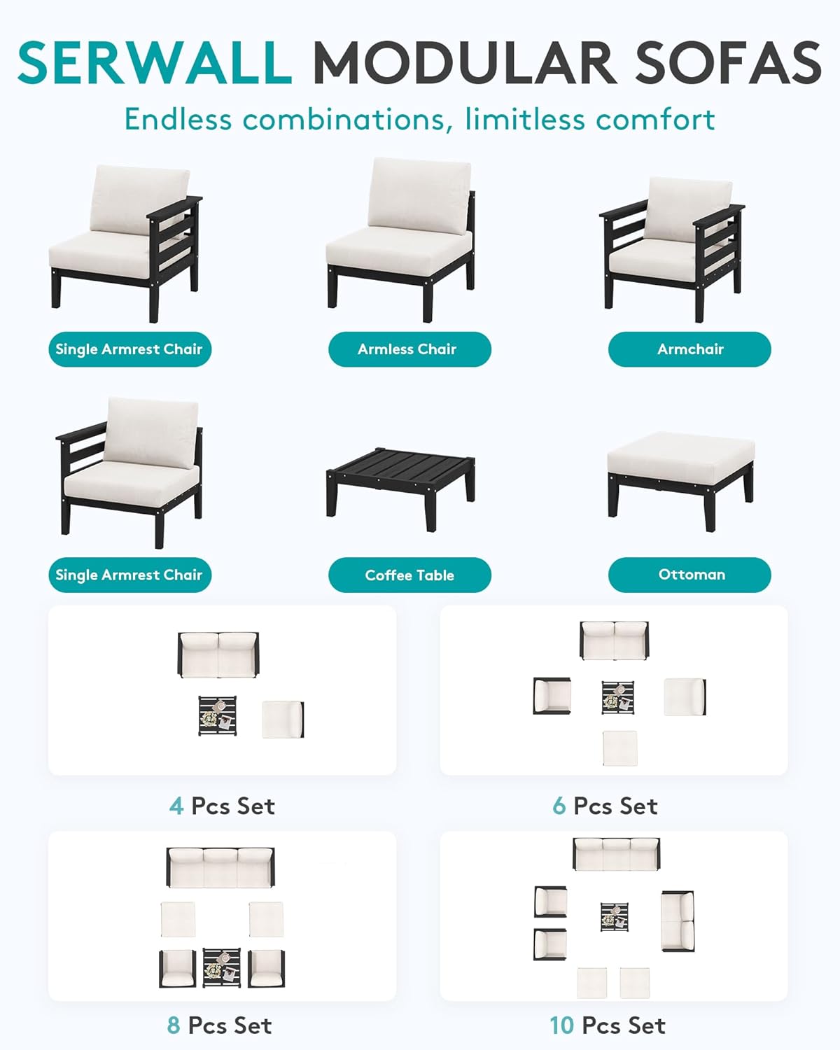 SERWALL HDPE Patio Furniture Set, 8 Pieces Composite Outdoor Furniture, All-Weather Wood-Like Outdoor Sofa Couch with Coffee Table for Deck, Lawn, Black Frame with Khaki Cushion