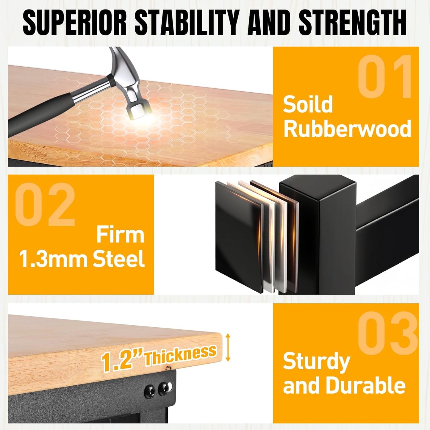 Adjustable Height Workbench, Heavy Duty Table Rubber Wood Workstation with Power Outlet & Pegboard for Garage, Office, Workshop, Home,Commercial (60"×22"|Shelf)