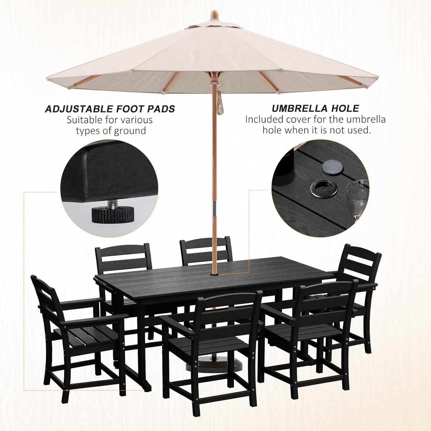 7pcs Outdoor Dining Set, HDPE Patio Dining Set for 6, All-Weather Outdoor Table and Chairs with Umbrella Hole & Adjustable Pads, Modern Patio Furniture Set for Backyard, Poolside &Lawn (Black)