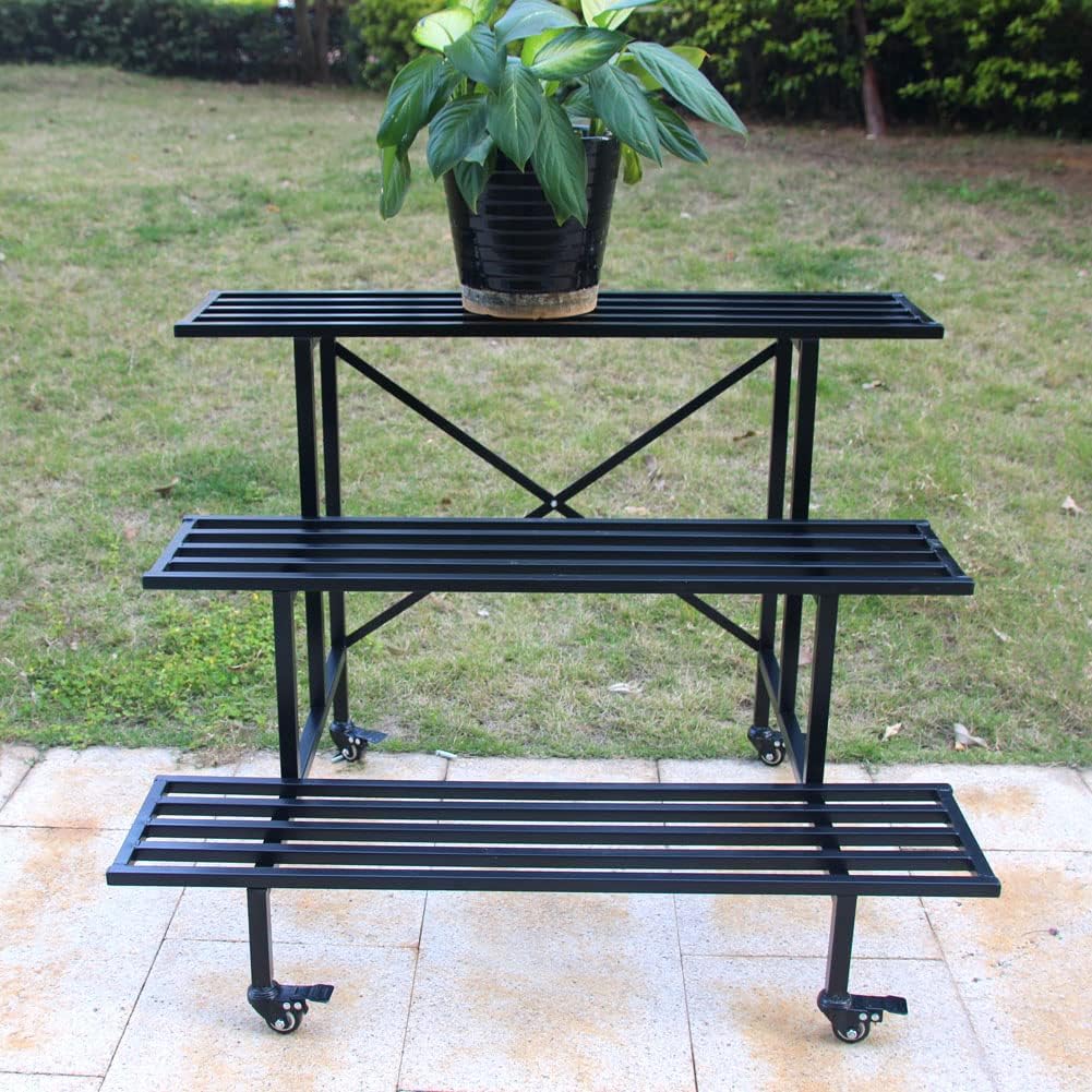 Zhongma Moving Garden Cart 3 Tier Sturdy Metal Plant Stand Heavy Duty Plant holder Garden Plant Shelf with Wheels