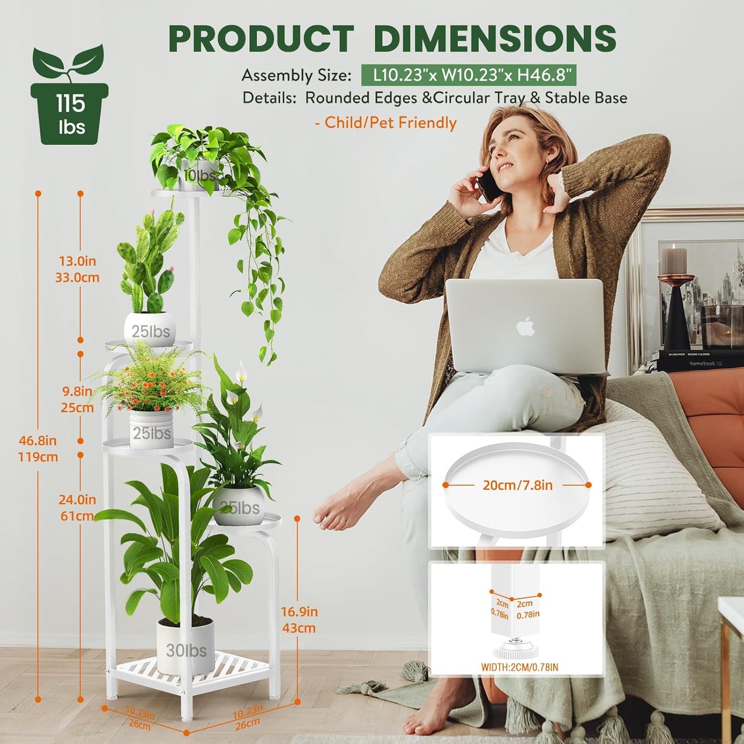 TOSKING 5 Tier Tall Plant Stand Indoor Outdoor, Heavy Duty Corner Shelf for Plants & Decor, Space Saving 3.9FT Metal Flower Pot Stand for Balcony, Garden, Living Room, Patio (White, 47in)