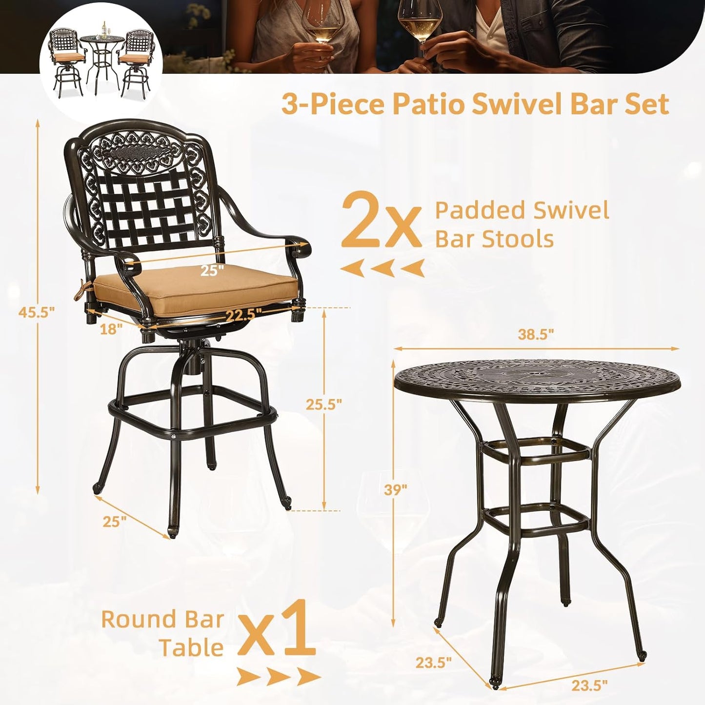3-Piece Patio Swivel Bar Set, High Top Bar Table & Chairs, All-Weather Cast Aluminum Swivel Bar Stools (2) & 38.5" Table, Patio Bistro Set