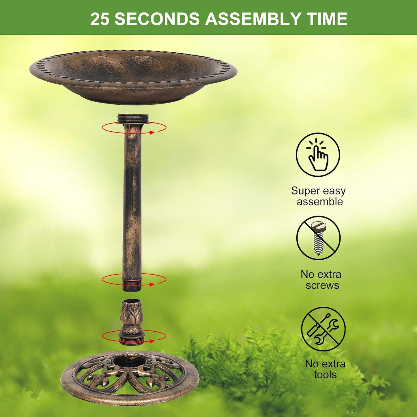 VINGLI 28 Inch Bird Bath with Solar Fountain Antique Copper Weather Resistant Resin Pedestal Birdbaths Floral Accents and Vintage Finish Garden Decor for Outdoor Lightweight Courtyard…