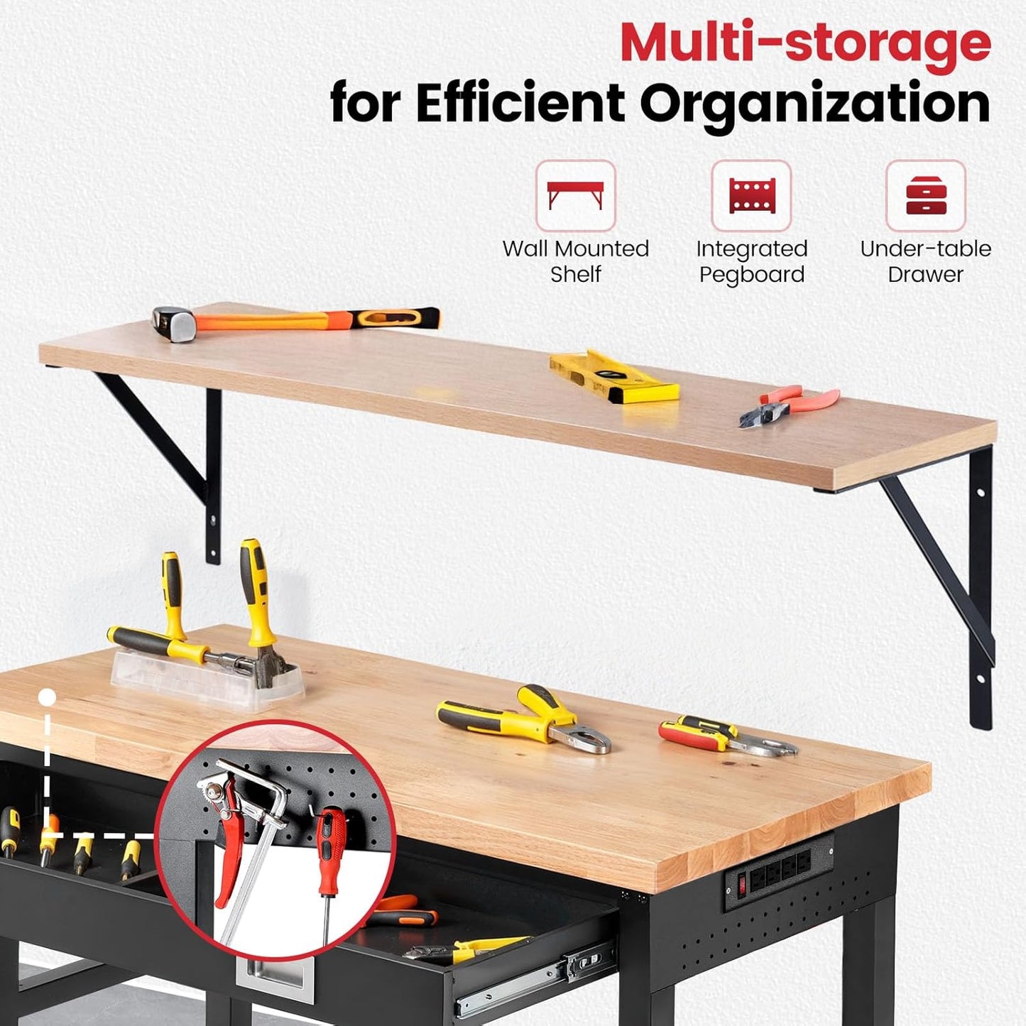 Workbench with Shelf Bracket 48 x 24 Inch Heavy Duty Rubberwood Tabletop Work Table Adjustable Height Work Bench with Drawer, Power Outlets for Garage Woodworking Shop, Home, Office