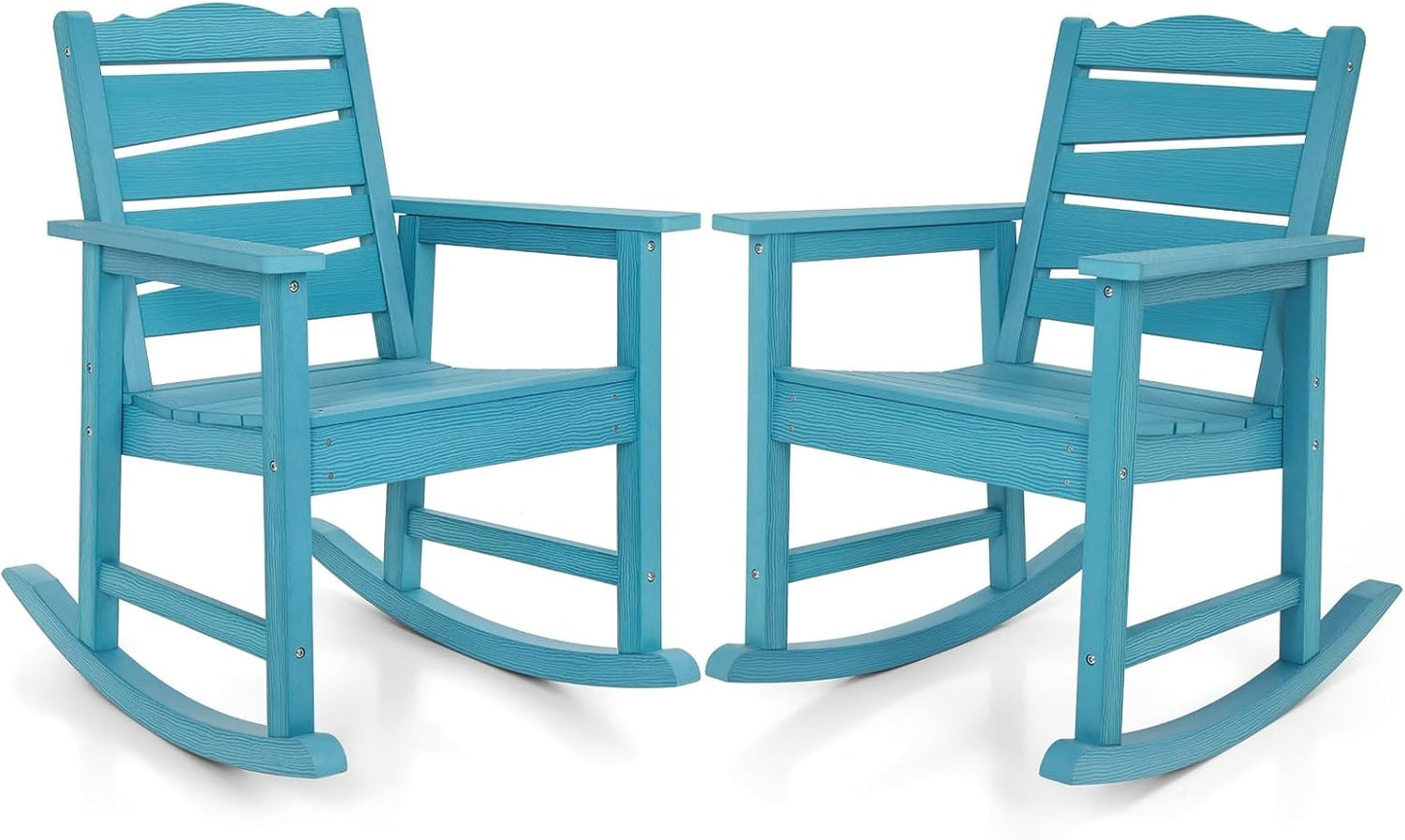 Patio Rocking Chairs Set of 2, Weatherproof HIPS Outdoor Rocking Chair for Adults, 400LBS Support Heavy Duty Porch Rocking Chairs for Garden, Lawn, Backyard, Outdoor and Indoor (Lake Blue)