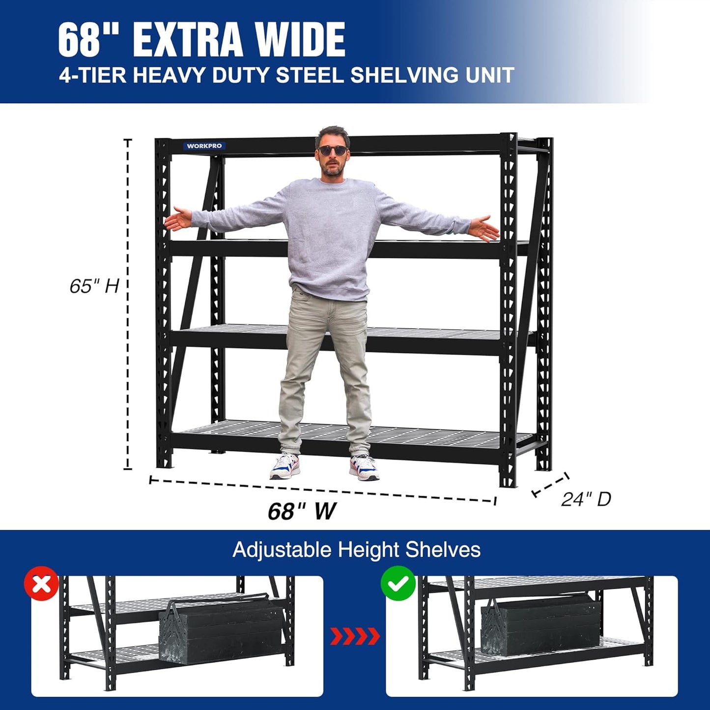WORKPRO 68" Ultra Wide 4-Tier Metal Garage Shelving Unit, 68"W x 24"D x 65"H, 7200 LBS Capacity, Heavy Duty Storage Utility Rack, Industrial Adjustable Shelves for Shop Warehouse Basement, Pack of 10