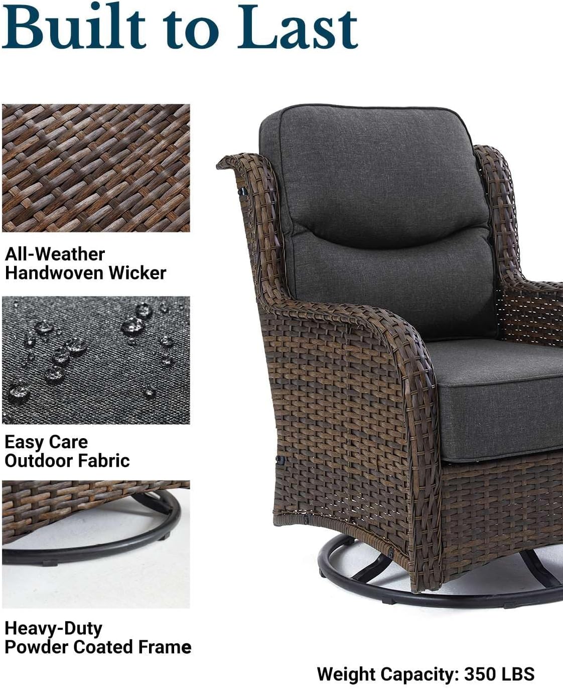 HILLGA Luxury Patio Furniture Set with 6-Inch Thick Cushions, High Back Outdoor Swivel Rocker Chairs, 2-Piece All Weather Conversation Set for Porch Deck Balcony Yard, Dark Grey (V3)