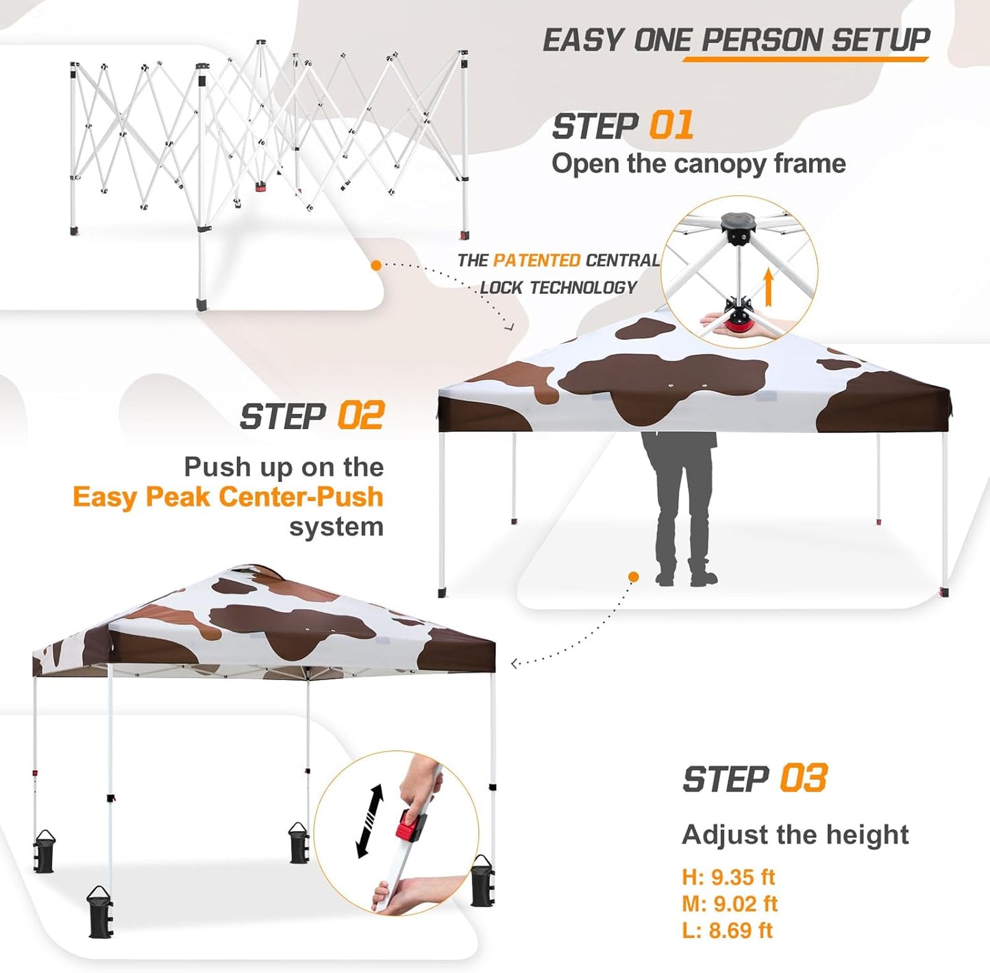 EAGLE PEAK Pop Up Canopy Tent with Wheeled Carry Bag, 8 Stakes, 4 Ropes, 4 Weight Bags, Easy Set Up Tent Canopy, 10x10 ft, 100sqft of Shade, Brown Cow Print