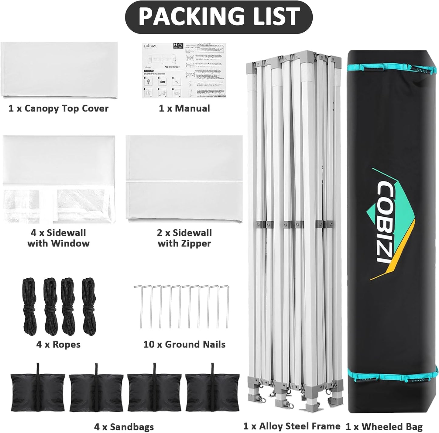 COBIZI 13x26 Pop Up Canopy with 6 Sidewall,Heavy Duty Canopy UPF 50+ All Season Wind Waterproof Commercial Outdoor Wedding Party Tents for Parties Canopy Gazebo with Roller Bag(13 x 26 ft White)