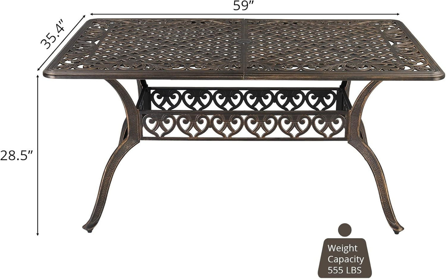 Outvita 59inch Patio Dinning Table, Outdoor Cast Aluminum Large Rectangle Table with Umbrella Hole and Antique Design for Backyard Pool Balcony Deck