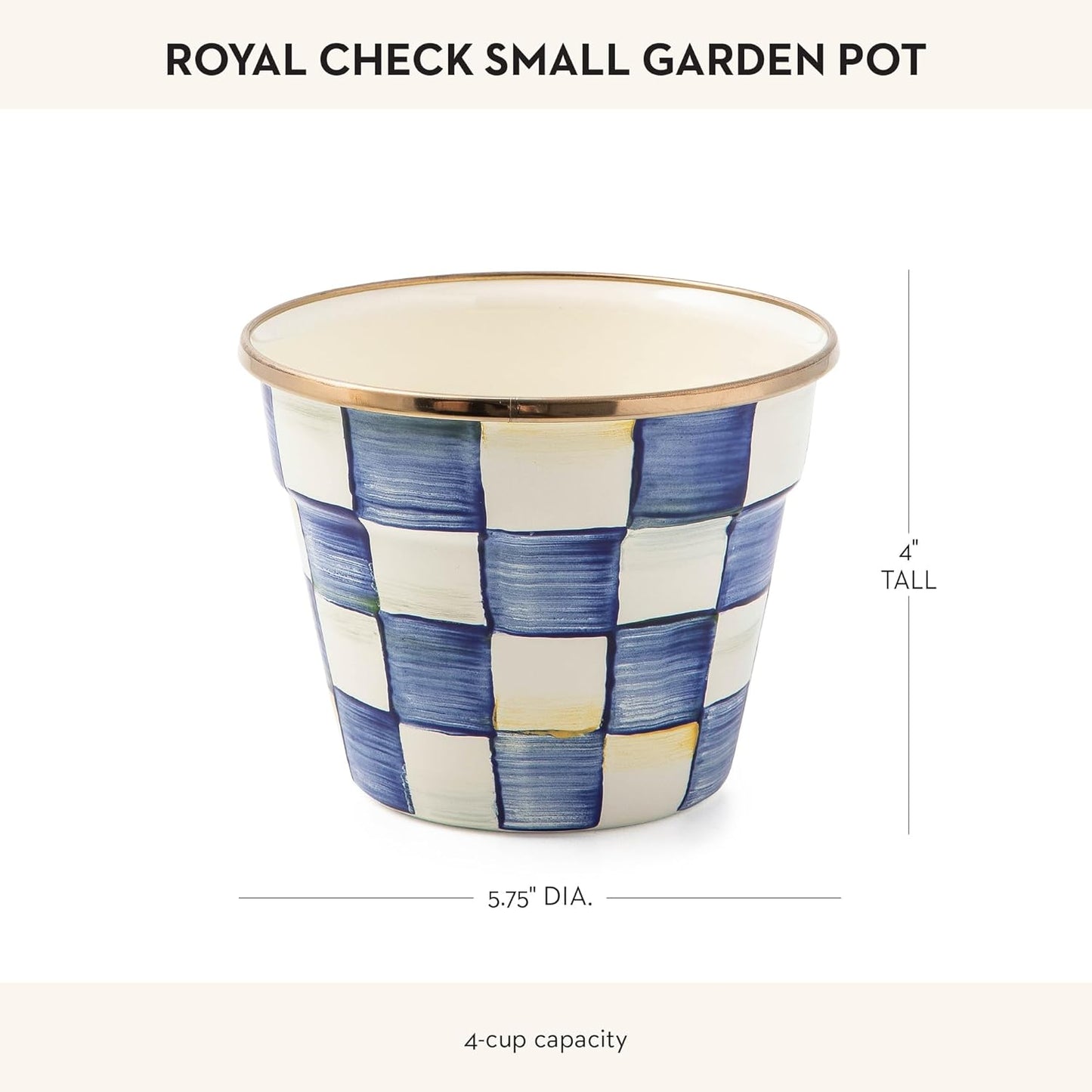 MACKENZIE-CHILDS Enamel Garden Pot, Decorative Pot for Plants, Outdoor Flowerpot Decor, Small, Blue-and-White Royal Check