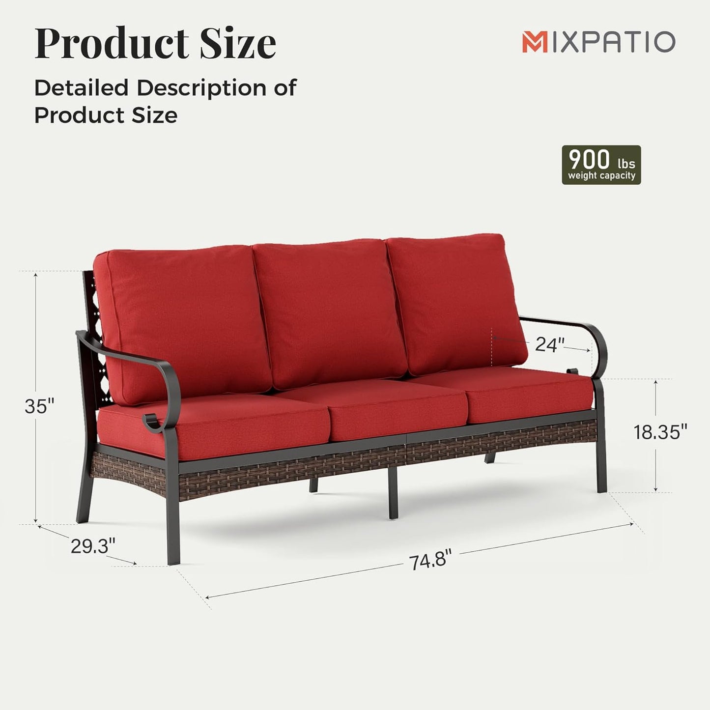 Patio Furniture Sofa, 3-Seat Patio Sofa Steel Frame Outdoor Sectional Couch with Deep Seating and 5.75” Cushions for Lawn Backyard Porch Deck, Red