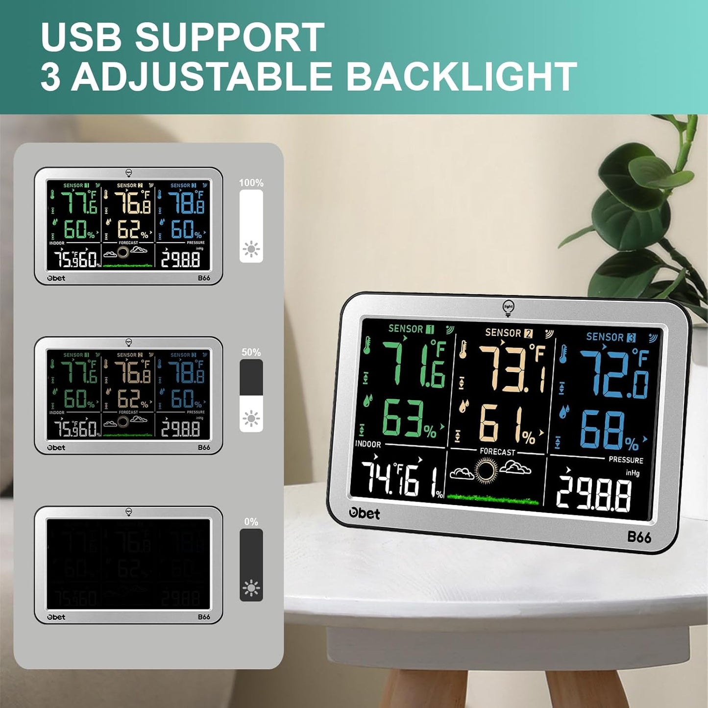 Weather Stations with 3 Sensors Indoor Outdoor Thermometer Wireless Large Display Adjustable Backlight with 500 feet Range Silver