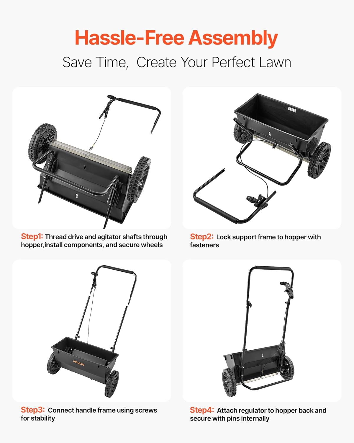 VEVOR Broadcast Spreader, 50LBS Capacity, Walk-Behind Push Spreader, 18 in Spreading Width, 8 in All Terrain Pneumatic Tires, Lawn Spreaders with Hopper Grate, for Seed, Fertilizer, Ice Melt