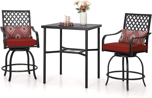 Sophia & William Patio Bar Stools Set 3 Pieces Outdoor Bistro Set, 2 Swivel Bar Chairs and 1 Square Bar Height Table, All-Weather Metal Furniture Set with Red Cushion and Umbrella Hole