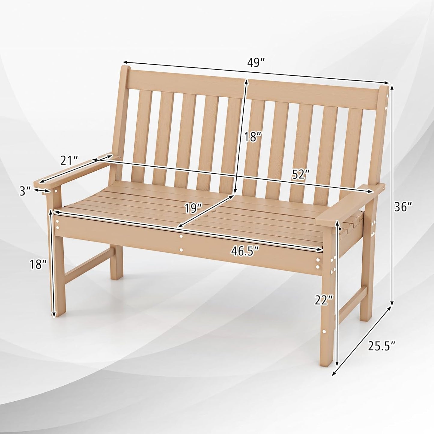 Giantex Outdoor Bench, 52-Inch Outside Bench All-Weather HDPE Park Bench with Backrest and Armrests, 705 lbs Weight Capacity, 2-Person Slatted Patio Bench for Porch, Yard, Lawn, Garden Bench (Teak)