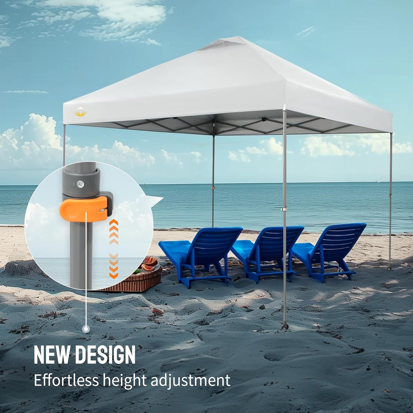 CROWN SHADES Adjustable Height on The Fly, 10x10 Pop Up Canopy - Beach Tent with One Push Setup - Easy Outdoor Sun Shade for Events, Parties, Camping - Outside Shade with STO-N-Go Bag, White