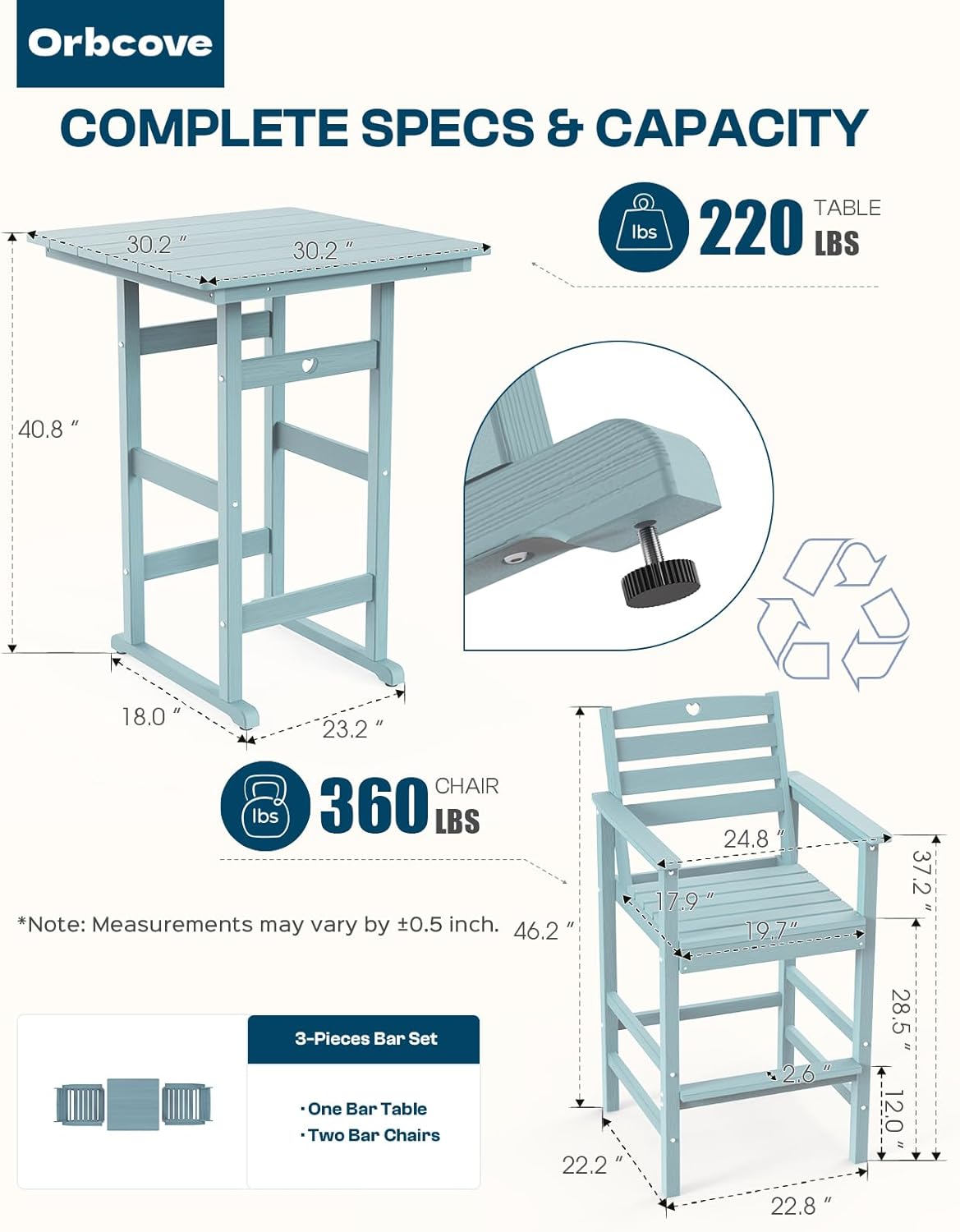 Adirondack Outdoor Bar Table, Durable HDPE Composite, Weather Resistant, Easy to Clean, Perfect for Backyard and Poolside Use, Light Blue
