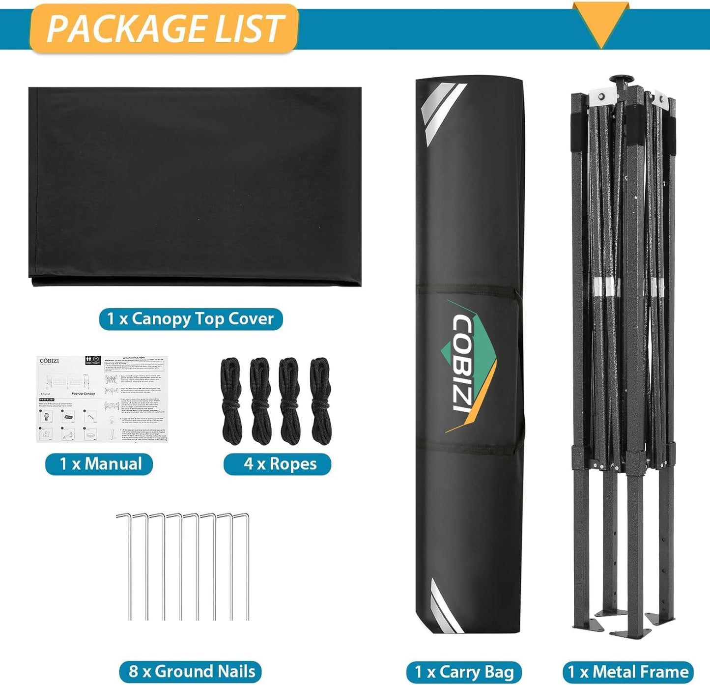 COBIZI 6.6x6.6 Pop Up Canopy Without Sidewall,Heavy Duty Canopy UPF 50+ All Season Wind Waterproof Commercial Outdoor Party Tents for Parties Canopy Gazebo with Storage Bag(6.6 x 6.6 ft Black)