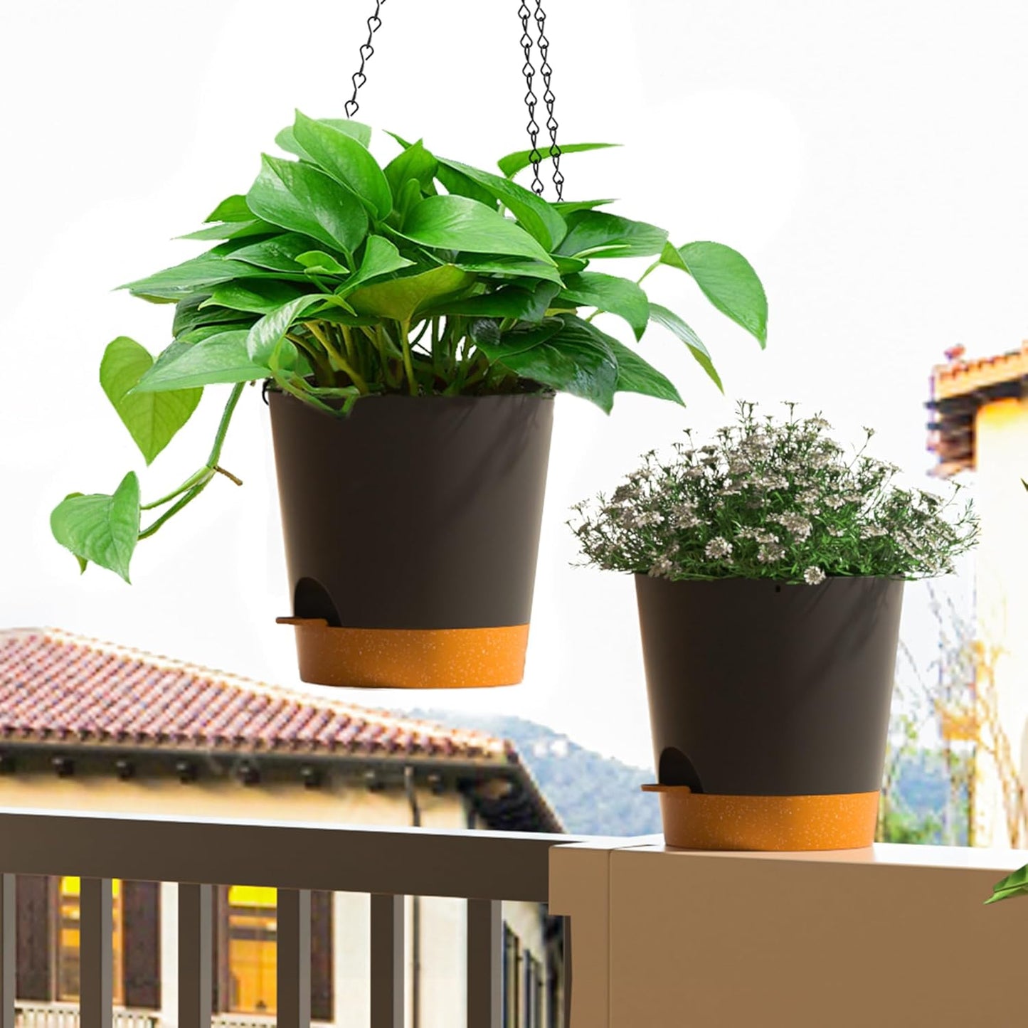Hanging Planters for Indoor Outdoor Plants, 2 Pack Self Watering Hanging Pot with Drainage Holes and Plant Hangers, Hanging Baskets Flower Pots for Home Garden Decor (Black, 8 inch)