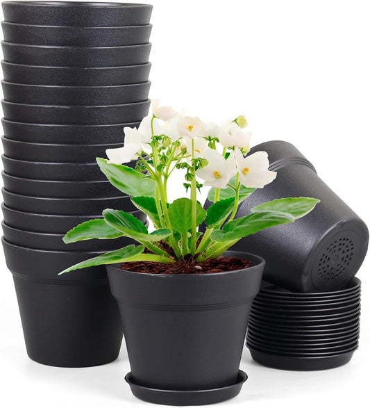 6 inch Nursery Pots, 16 Pack Plastic Plant Pots for Indoor Outdoor Plants, Flower Pots with Drainage Holes and Saucers, Decorative Seedling Starter Planters for House Plants, Black