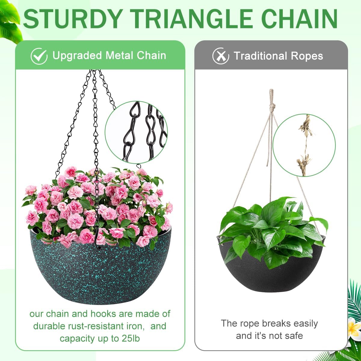 12 inch Hanging Planters for Indoor Plants, 2 Pack Planters for Outdoor Plants with Drainage Holes and Chain, Round Plastic Hanging Baskets, Hanging Flower Pots for Balcony Garden Decor-Black Speckle