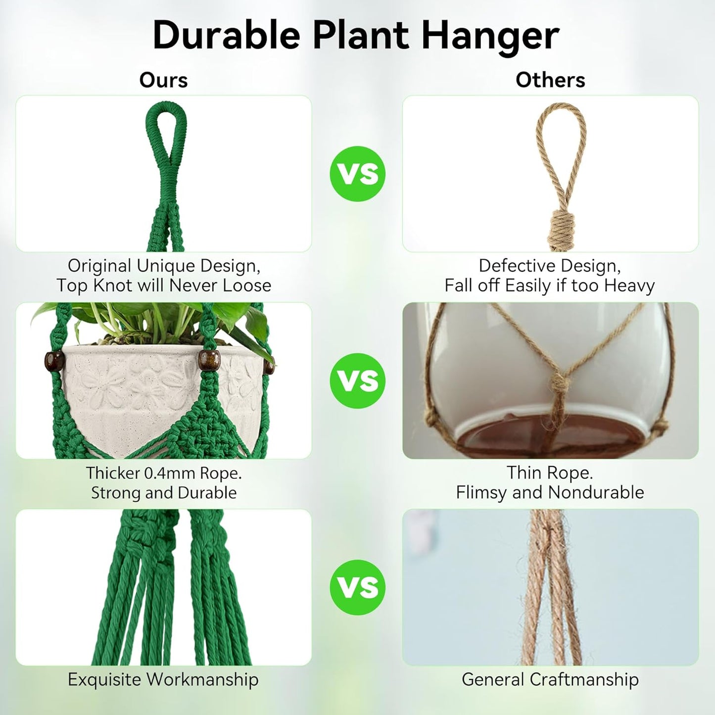 USLAI Macrame Handmade Basket Plant Hanger (2-Pack), for 3-8 Inch Pots, Indoor Outdoor Strong Hanging Planter Flower Pot Holder with Beads and Tassels, Boho Home Decor (POTS NOT Included) (Green)